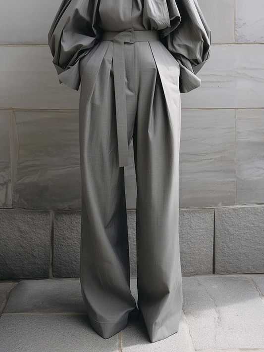 High Waisted Wide Leg Belted Pleated Pockets Solid Color Pants Trousers