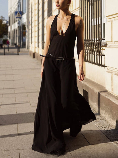 Loose Sleeveless Belted See-Through Solid Color Halter-Neck Maxi Dresses