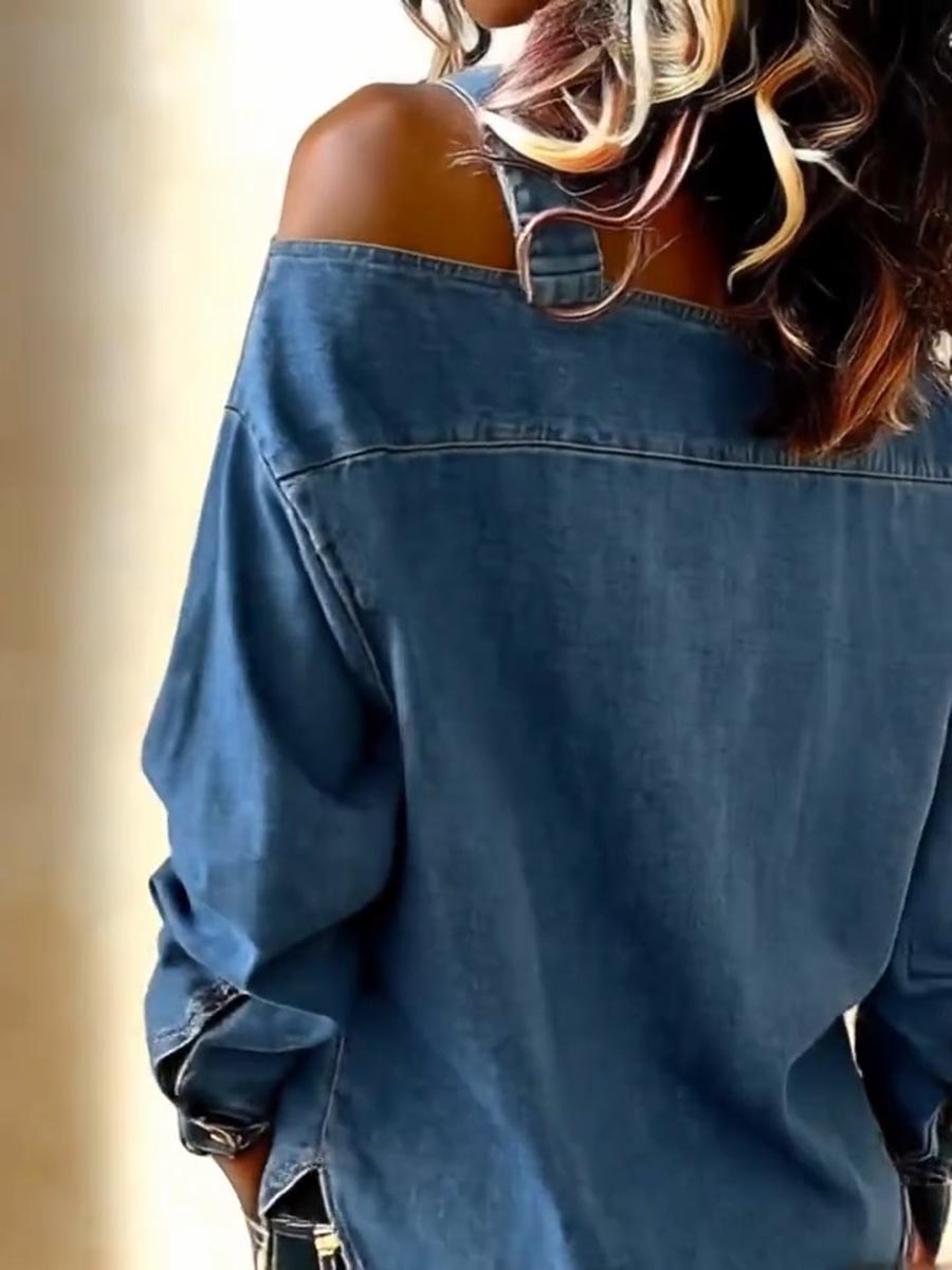 Long Sleeves Loose Buckle Split-Joint Cold Shoulder Blouses&Shirts Tops