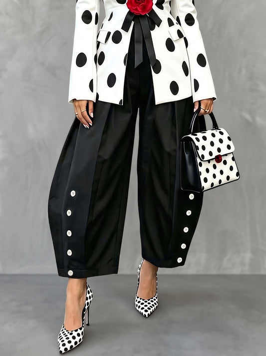 Pockets Pleated Contrast Color Buttoned Wide Leg High Waisted Trousers Pants