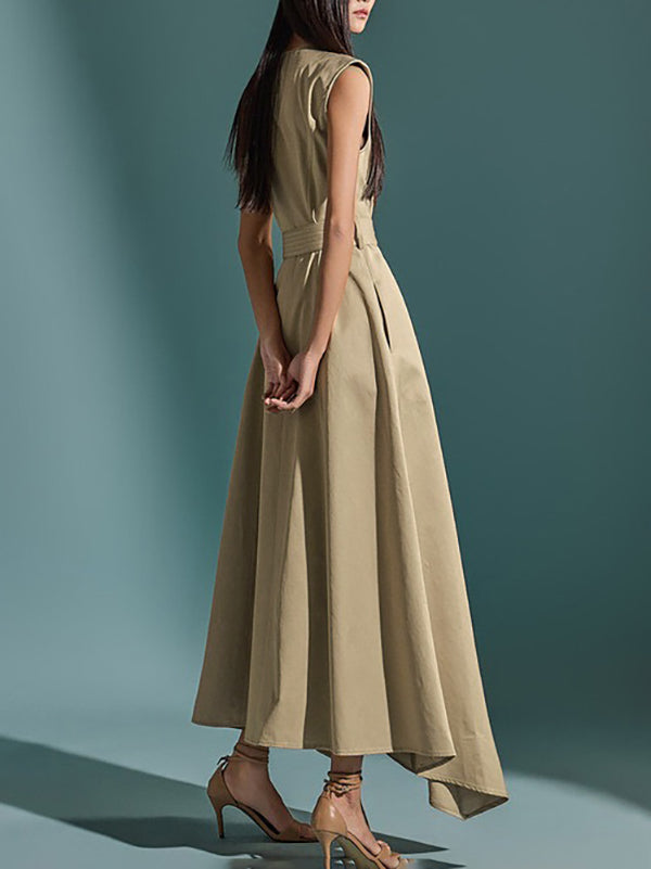 A-Line High Waisted Belted Buttoned Pockets Solid Color Round-Neck Maxi Dresses
