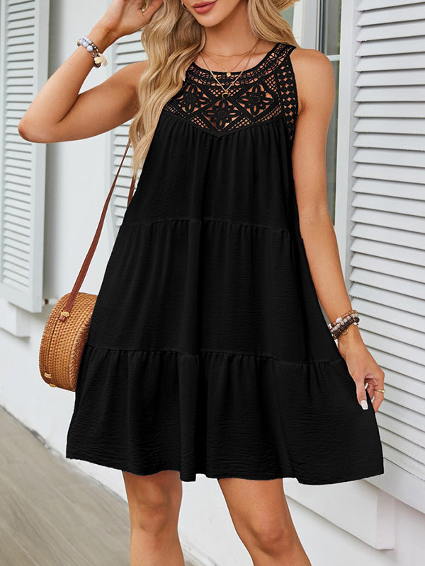 A-Linie Locker Hohl Plissee Einfarbig Split-Joint Rundhals Minikleider 