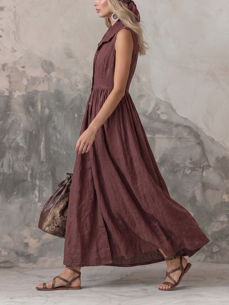 High Waisted Loose Buttoned Pleated Solid Color Lapel Maxi Dresses