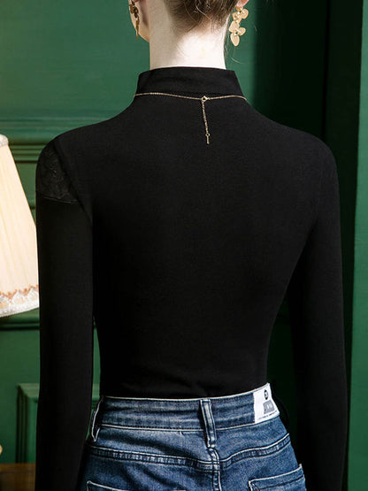 Split-Joint See-Through Skinny Leg Plus Size Mock Neck T-Shirts Tops