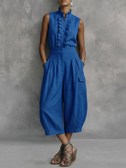High Waisted Wide Leg Pleated Pockets Solid Color Ninth Pants Trousers