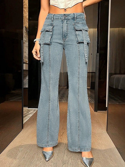 Straight Leg Pockets Split-Joint Streamer Jean Pants Bottoms