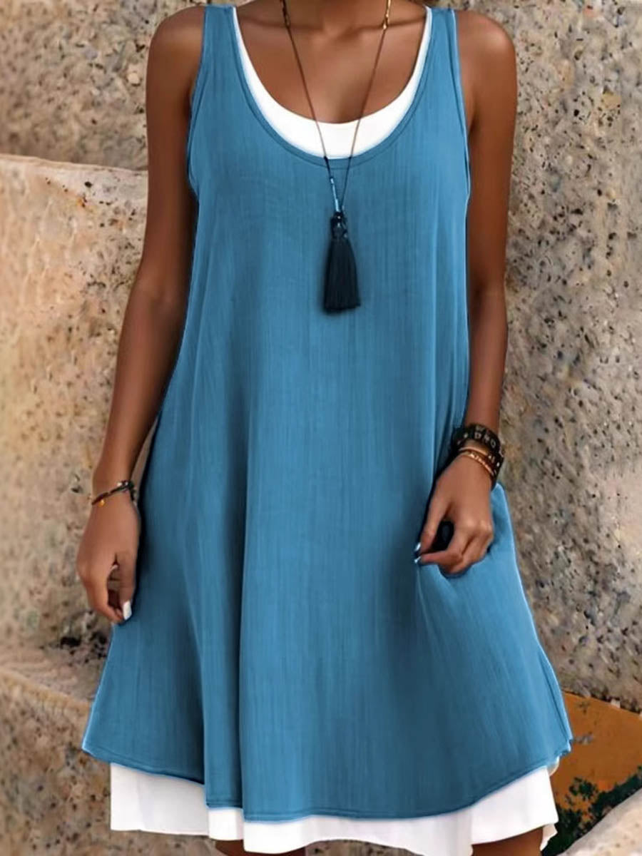A-Line False Two Solid Color Split-Joint U-Neck Midi Dresses