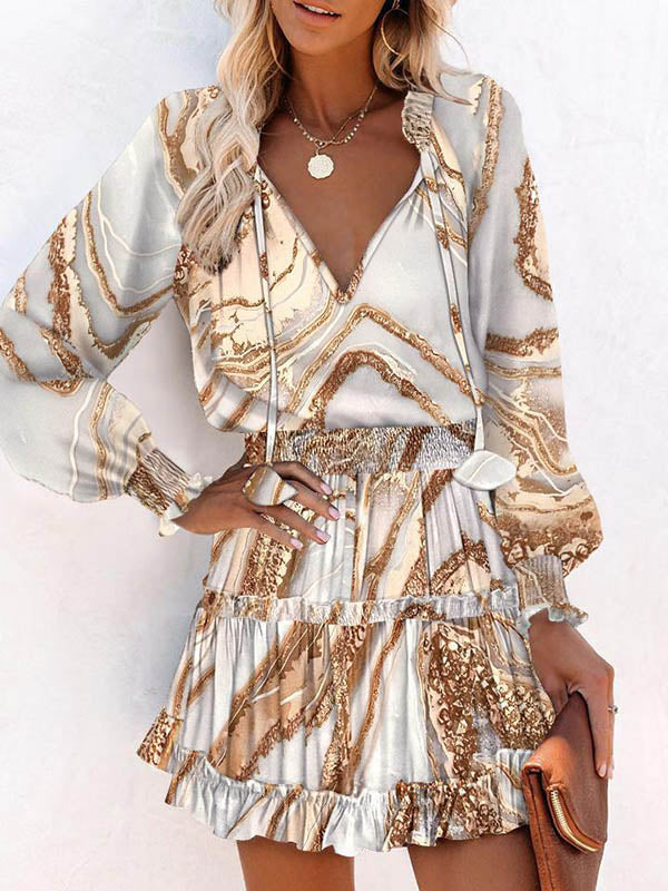 A-Line Long Sleeves Contrast Color Pleated Split-Joint Tied V-Neck Mini Dresses KHAKI