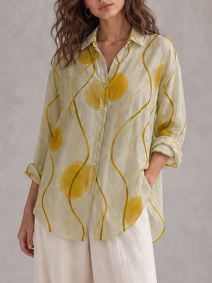 Printed Contrast Color Buttoned Loose Long Sleeves Lapel Blouses&shirts Tops