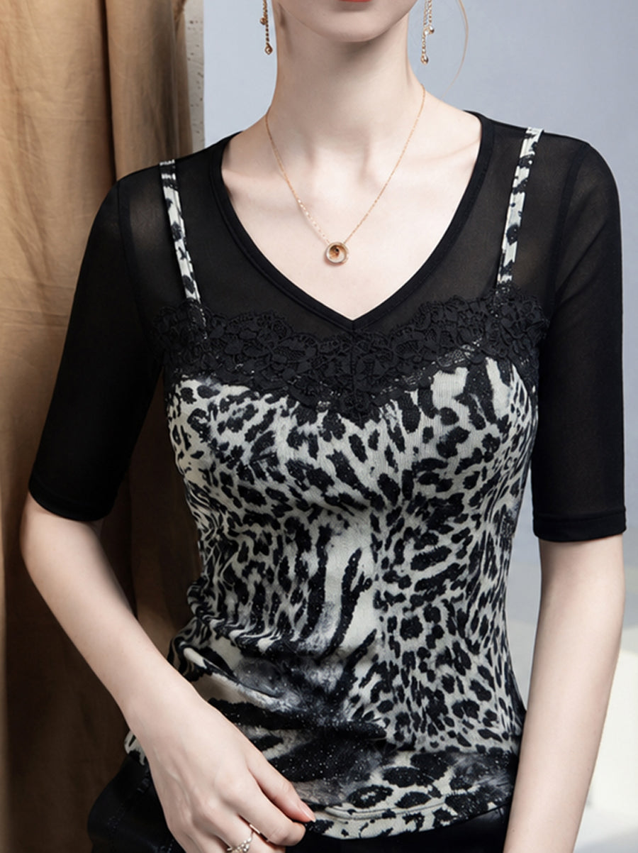 Split-Joint Leopard Skinny Plus Size V-neck T-Shirts Tops