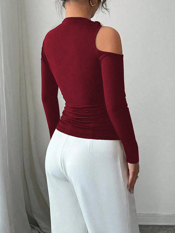 Long Sleeves Skinny Asymmetric Solid Color Asymmetric Neckline T-Shirts
