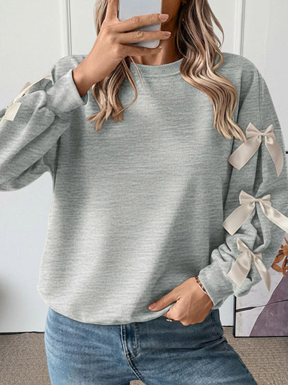 Split-Joint Contrast Color Bow-Embellished Loose Long Sleeves Round-Neck Sweatshirt Tops