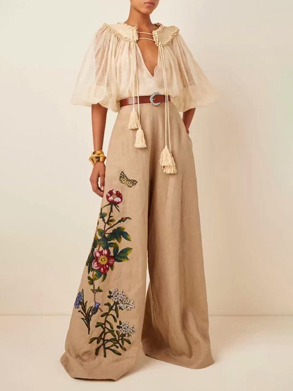 High Waisted Loose Belted Flower Print Pockets Pants Trousers