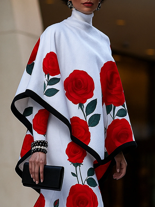 Long Sleeves Loose Flower Print High Neck Sweatshirt Tops