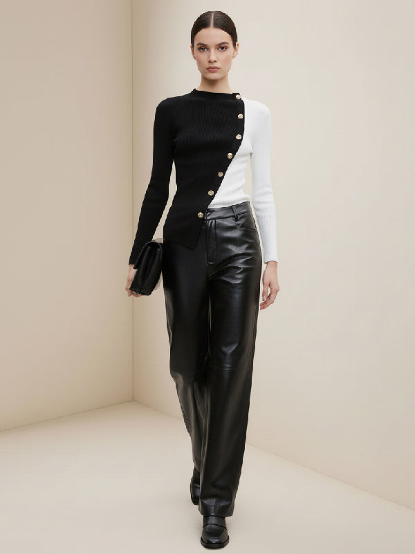 Long Sleeves Skinny Asymmetric Contrast Color Split-Joint Round-Neck Knitwear Sweater Tops