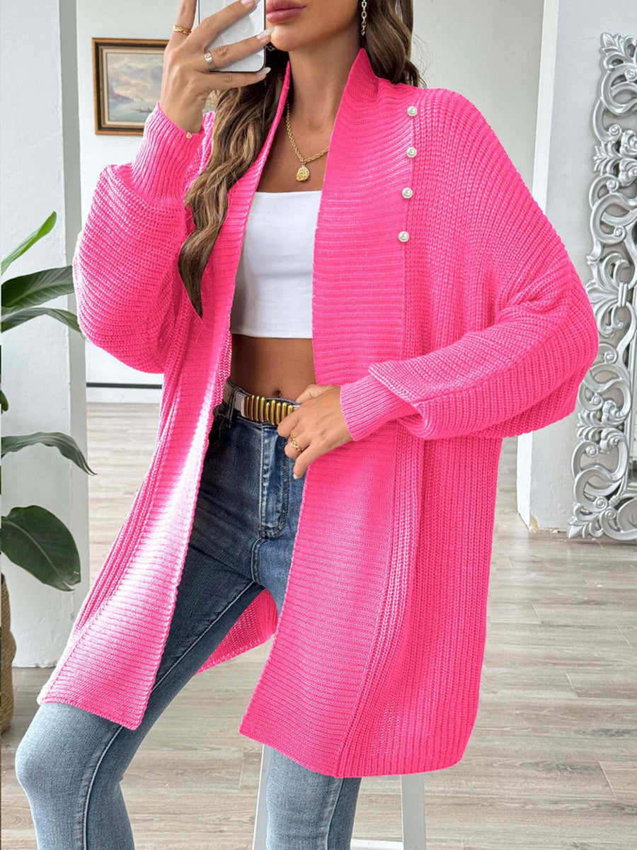 Solid Color Ribbed Loose Long Sleeves Stand Collar Cardigan Tops
