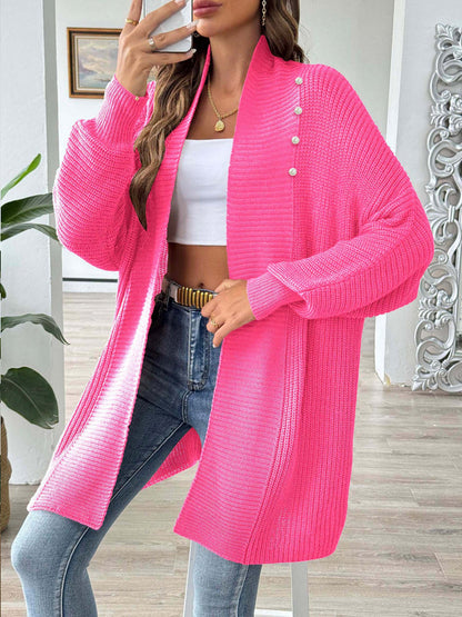 Solid Color Ribbed Loose Long Sleeves Stand Collar Cardigan Tops