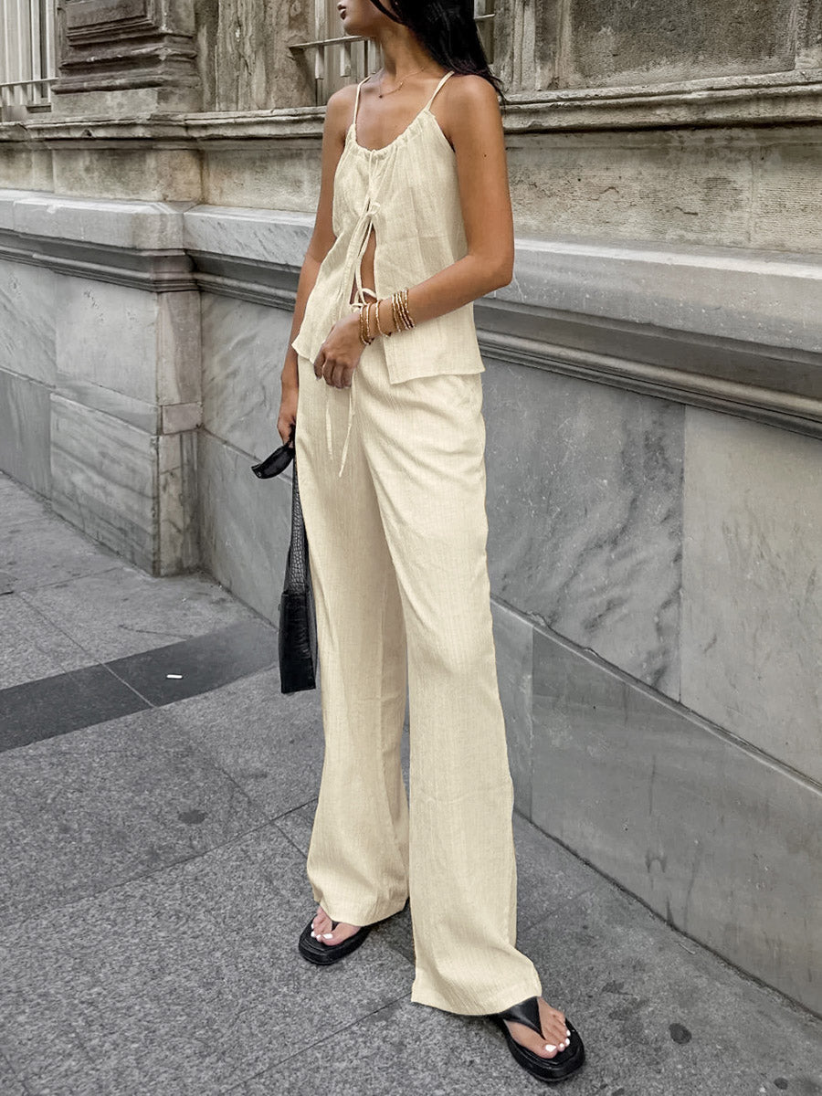 Solid Color Halter-Neck Cropped Pleated Split-Joint Tank Top + High Waisted Elasticity Tied Waist Pants Trousers Two Pieces Set