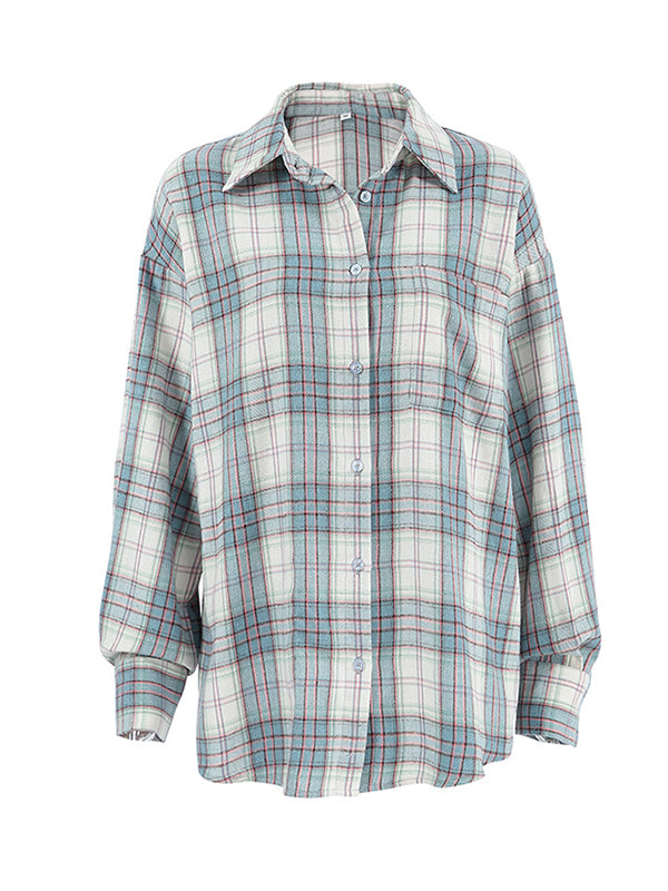 Chemisiers et chemises à manches longues, amples, boutonnés, à carreaux, avec poches et revers, hauts d'extérieur 