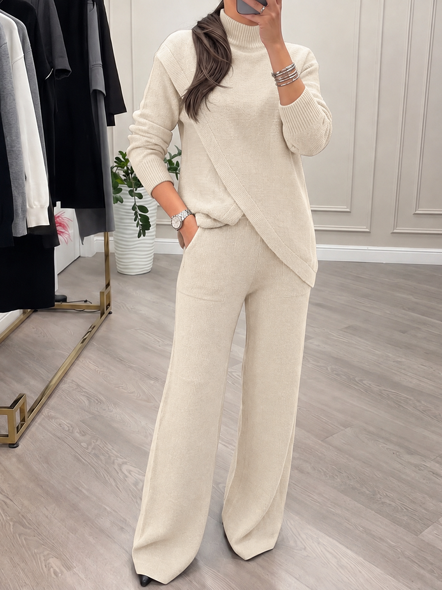Solid Color Ribbed Knit Stand Collar Long Sleeves Asymmetric Sweater Tops + Wide Leg Trousers Pants Two Pieces Set