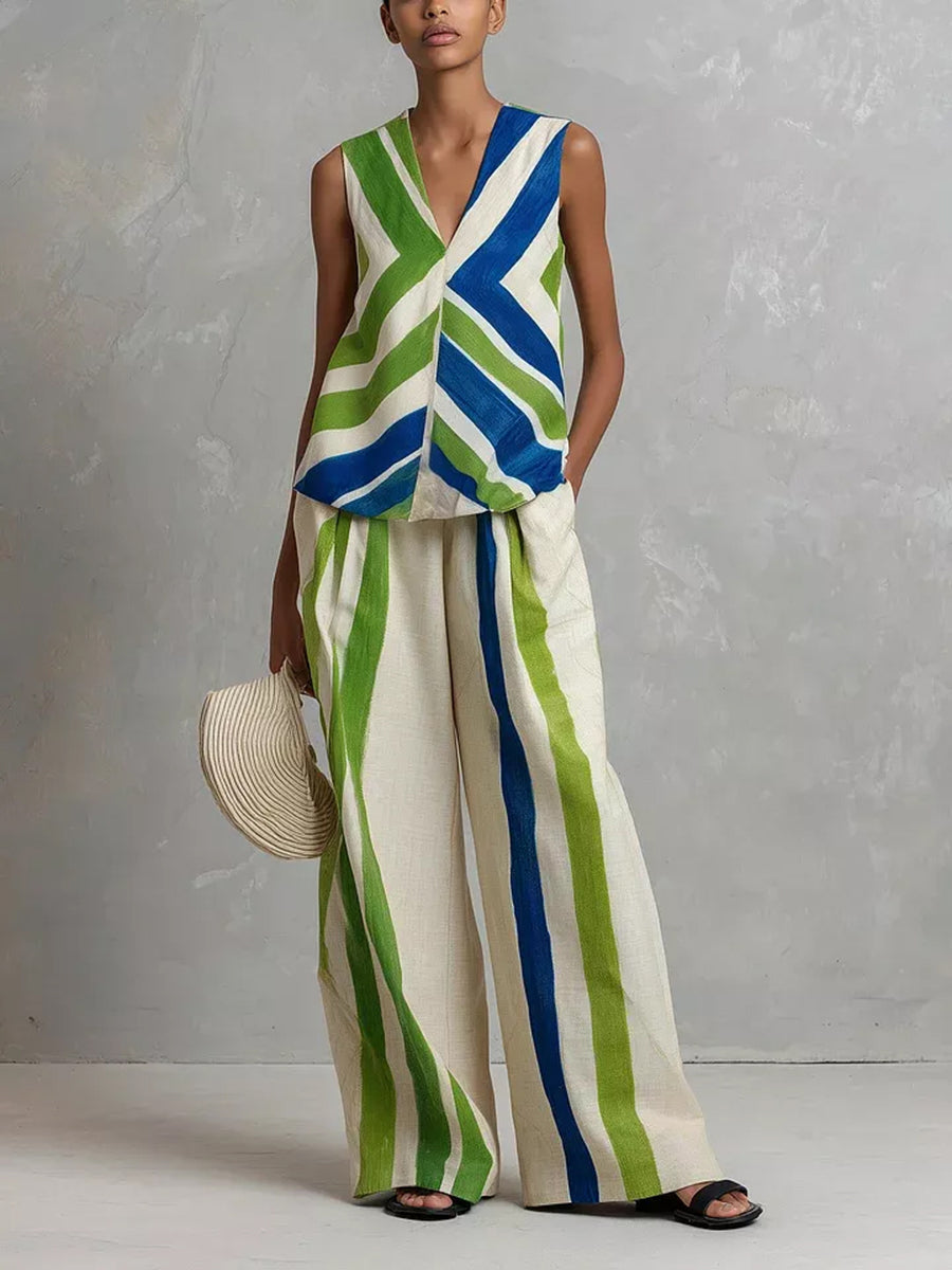Loose Sleeveless Contrast Color Striped V-Neck Tank