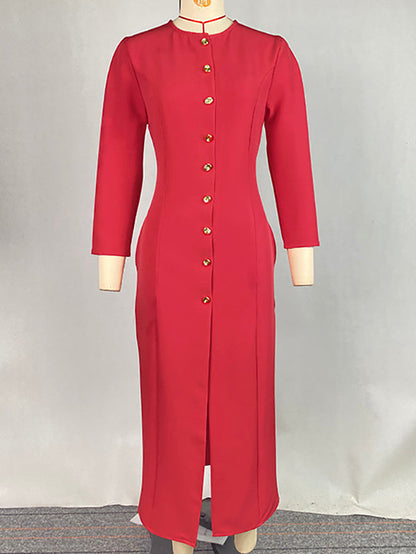 Robe chemise moulante à manches longues et col en V, couleur unie, boutonnée 