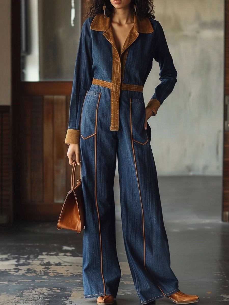 High Waisted Long Sleeves Buttoned Pockets Lapel Jumpsuits