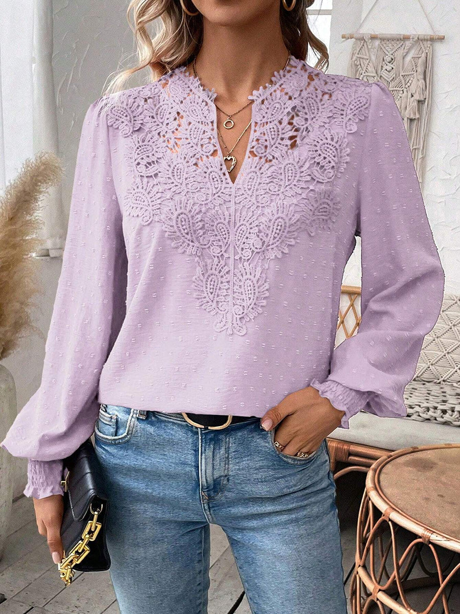 Balloon Sleeves Long Sleeves Embroidered Hollow Solid Color V-Neck Blouses&Shirts Tops