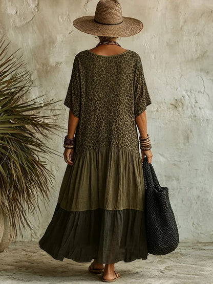 Half Sleeves Loose Leopard Pleated Printed Split-Joint Deep V-Neck Maxi Dresses