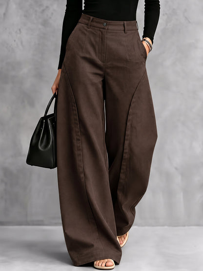 Zipper Split-Joint Solid Color Pockets Buttoned Wide Leg High Waisted Trousers Pants