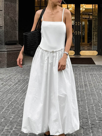 Loose Sleeveless Pleated Solid Color Split-Joint Spaghetti-Neck Midi Dresses