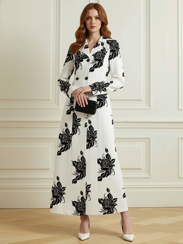 Long Sleeves Buttoned Contrast Color Double-Breasted Flower Print Pockets Lapel Overcoat