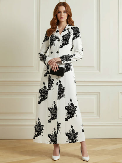 Long Sleeves Buttoned Contrast Color Double-Breasted Flower Print Pockets Lapel Overcoat