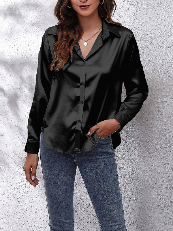 Long Sleeves Loose Solid Color Lapel Blouses BLACK