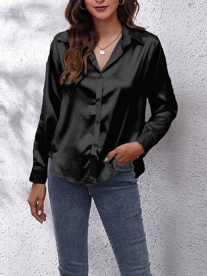 Long Sleeves Loose Solid Color Lapel Blouses BLACK