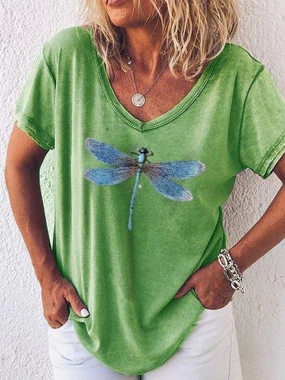 Luna | Women's Dragonfly Print V-Neck Short Sleeve Casual Tee