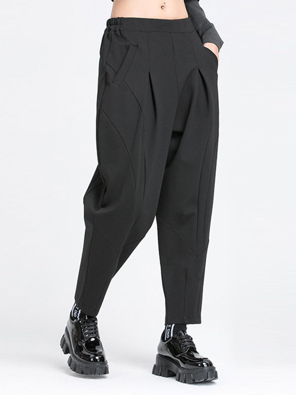 Harem Pants Loose Elasticity Pleated Pockets Solid Color Split-Joint Pants
