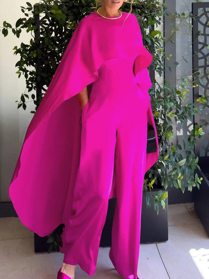 Cape Loose Pockets Solid Color Round-Neck Jumpsuits