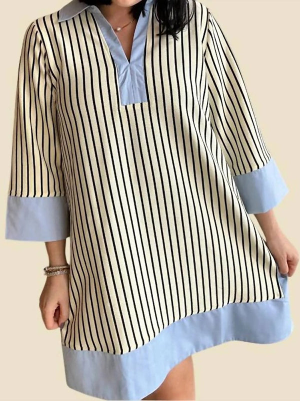 Loose Three-Quarter Sleeves Contrast Color Striped Stand Collar Mini Dresses