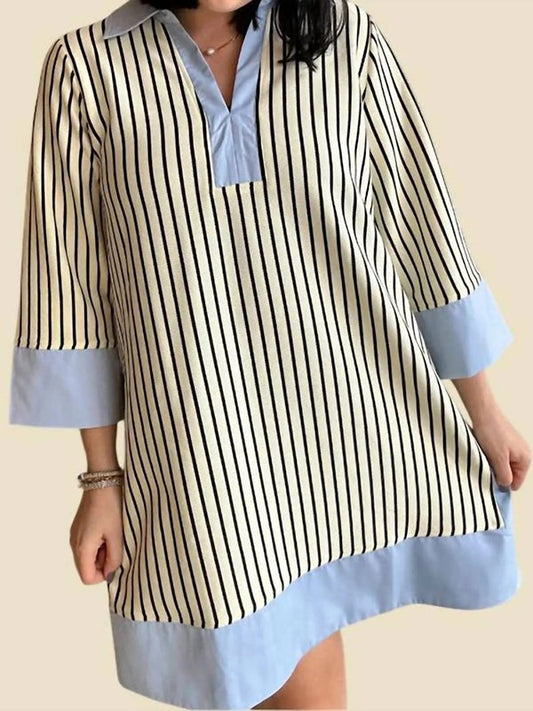 Loose Three-Quarter Sleeves Contrast Color Striped Stand Collar Mini Dresses