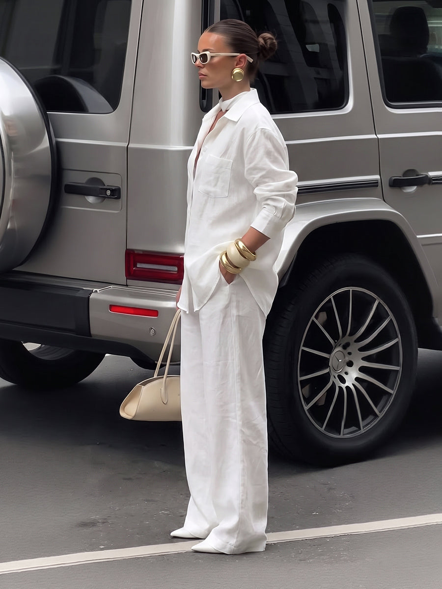 Solid Color Pockets Wide Leg Loose Trousers Pants