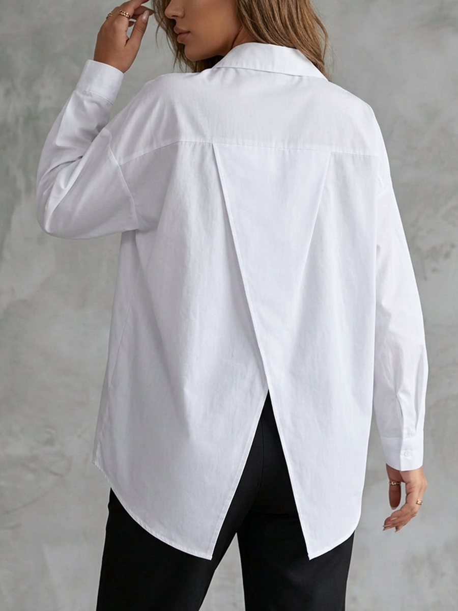 Long Sleeves Loose Buttoned Solid Color Split-Back Lapel Blouses&Shirts Tops