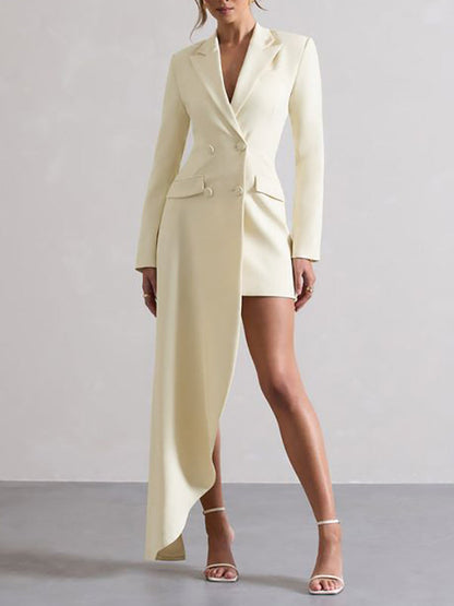 Long Sleeves Asymmetric Buttoned Pockets Solid Color Notched Collar Blazer Maxi Dress