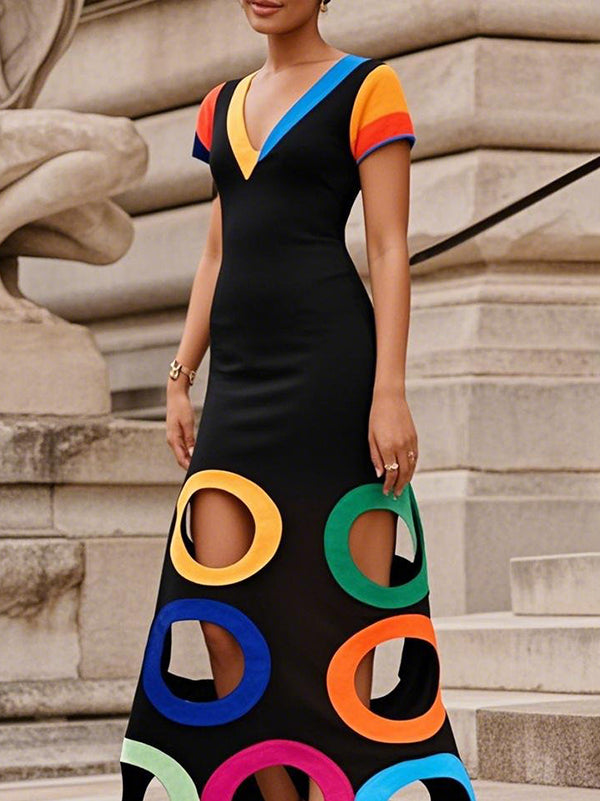 A-Line High Waisted Colorful Contrast Color Hollow V-Neck Maxi Dresses