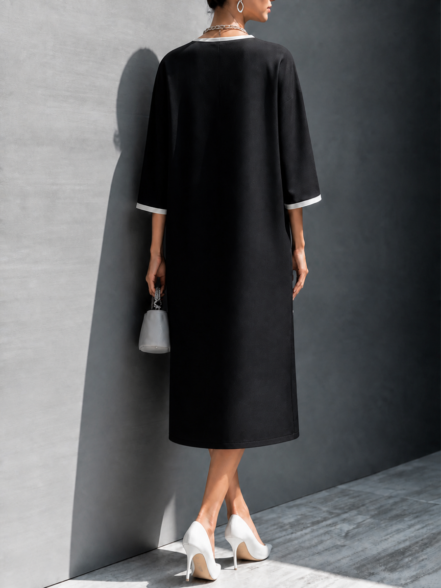 Pockets Contrast Color Plus Size Loose Round-neck Midi Dresses
