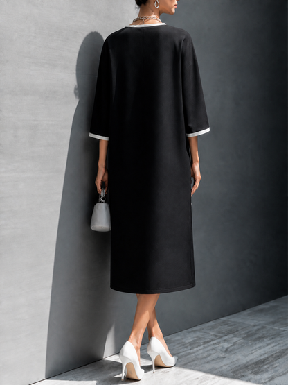 Pockets Contrast Color Plus Size Loose Round-neck Midi Dresses
