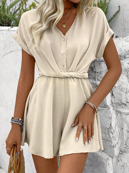 Loose Raglan Sleeve Pleated Solid Color Split-Joint V-Neck Rompers