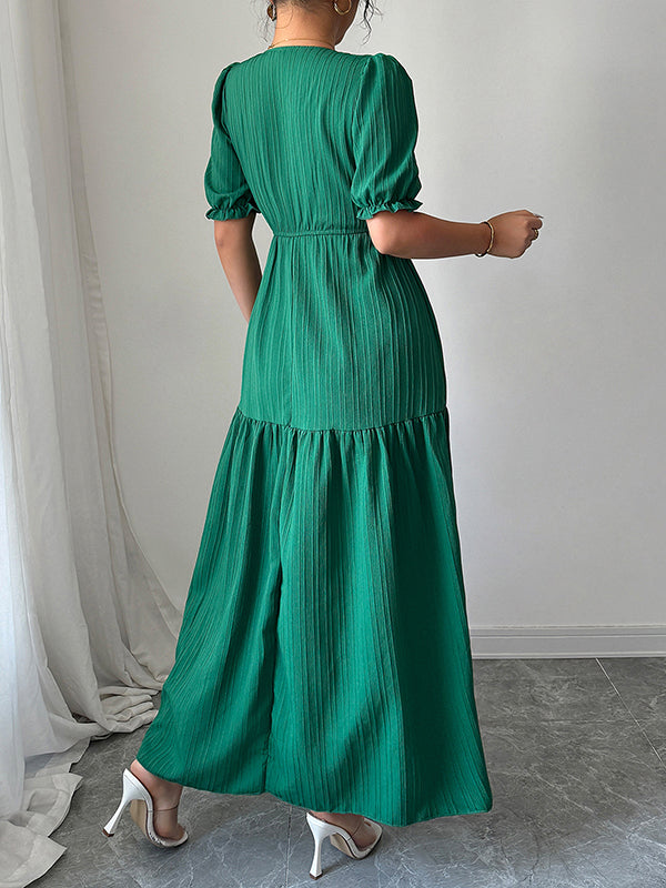Half Sleeves High Waisted Pleated Solid Color Split-Front V-Neck Maxi Dresses