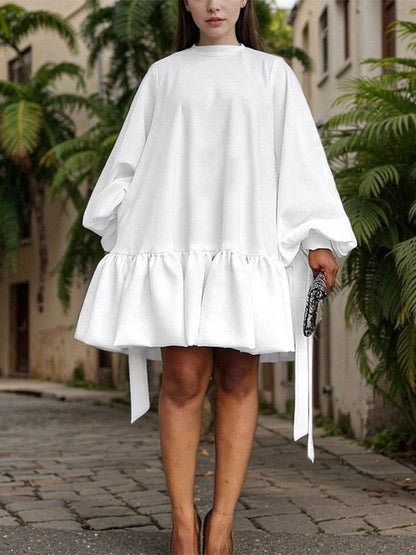 Long Sleeves Loose Falbala Solid Color Stand Collar Mini Dresses