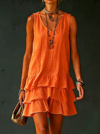 Loose Sleeveless Layered Solid Color V-Neck Mini Dresses